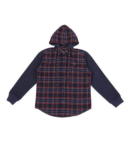 GINI & JONY Checked Full Sleeves Hooded Shirt - Dark Blue
