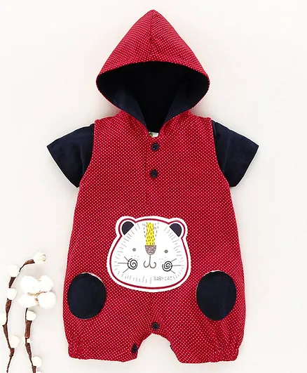 Cucumber Full Sleeves Hooded Romper Polka Dot Print - Blue Red