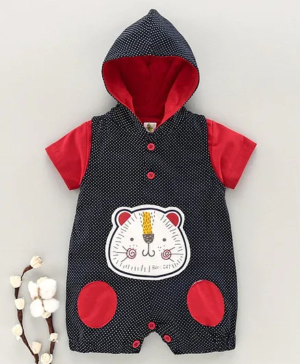 Cucumber Full Sleeves Hooded Romper Polka Dot Print - Blue Red