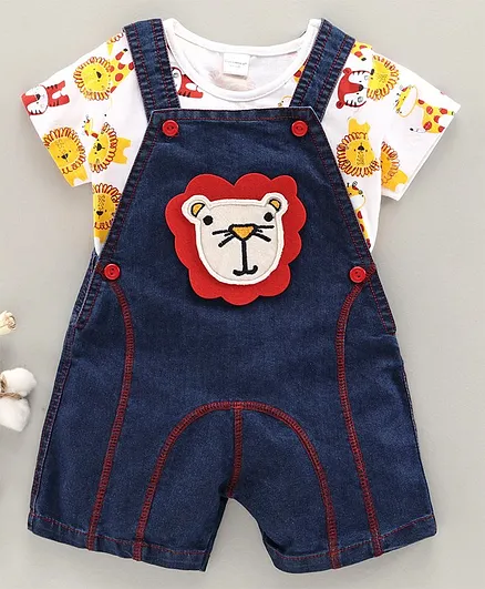 Cucumber Half Sleeves Dungaree with Inner Tee Lion Print - Blue Red