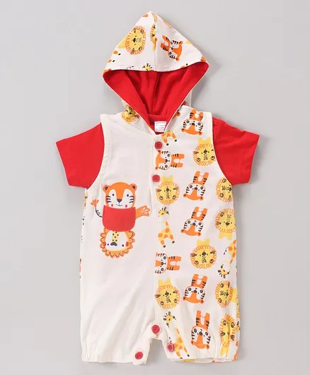 Cucumber Half Sleeves Hooded Short Romper Animal Print - Orange Red