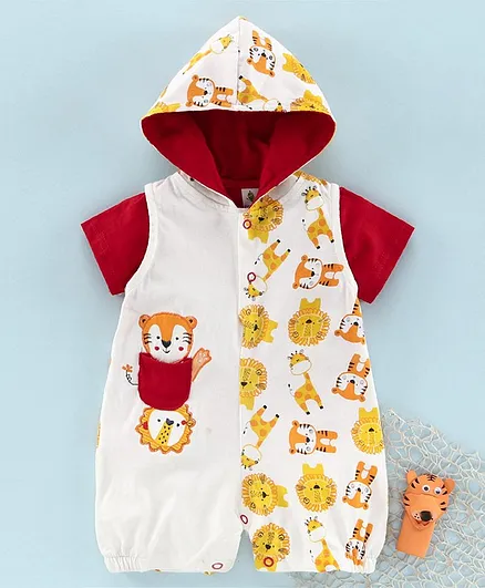 Cucumber Half Sleeves Hooded Short Romper Animal Print - Orange Red