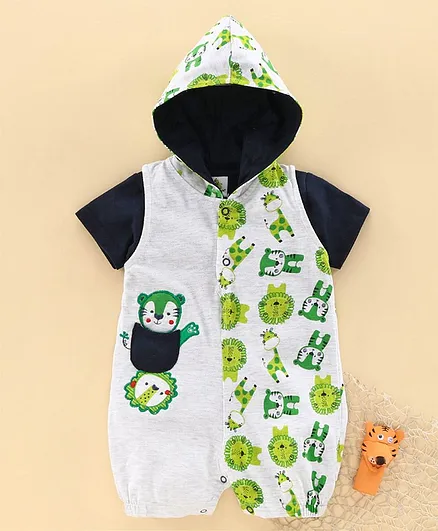 Cucumber Half Sleeves Hooded Short Romper Animal Print - Green