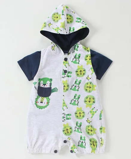 Cucumber Half Sleeves Hooded Short Romper Animal Print - Green