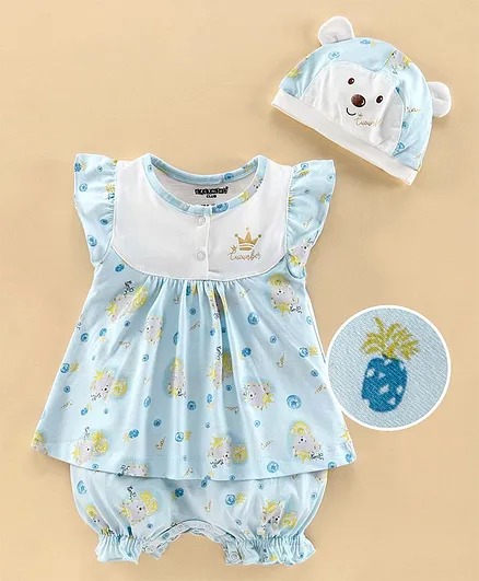 Cucumber Short Sleeves Romper with Cap - Blue