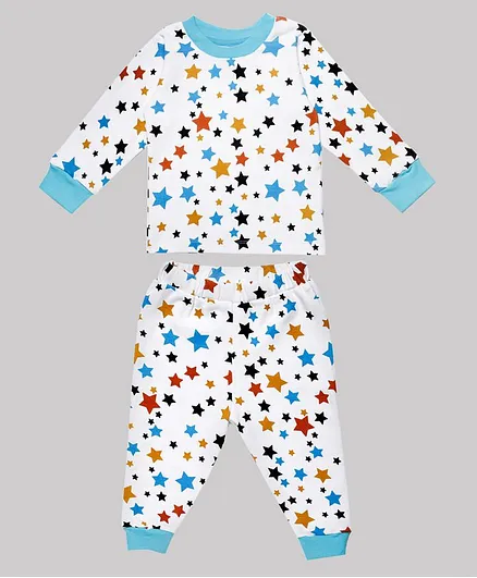 Nino Bambino Full Sleeves All Over Stars Printed Organic Cotton Night Suit - White