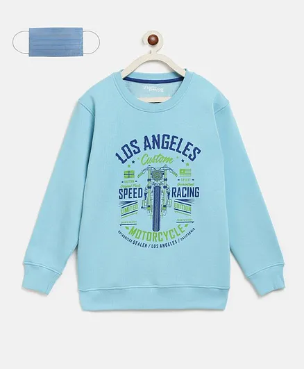 Li'L tomatoes Full Sleeves Los Angeles Printed Sweatshirt With 3 Ply Face Mask - Sky Blue