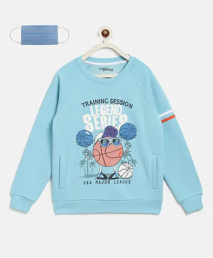 Li'L tomatoes Full Sleeves Football Printed Sweatshirt With 3 Ply Mask - Light Blue