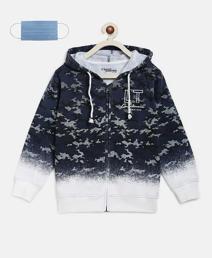 Li'L tomatoes Full Sleeves Camouflage Print Hooded Jacket With 3 Ply Face Mask - Navy Blue