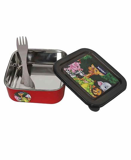 KuchiKoo Stainless Steel Feeding Bowl with Lid and Spoon cum Fork - Red