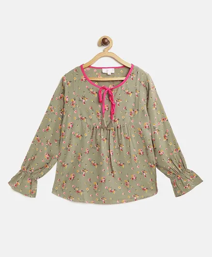 Bella Moda Flower Print Full Sleeves Top - Green