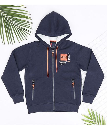 Hop n Jump Full Sleeves Text Printed Hooded Jacket - Navy Blue