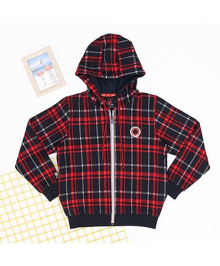 Hop n Jump Full Sleeves Checkered Hooded Jacket - Red