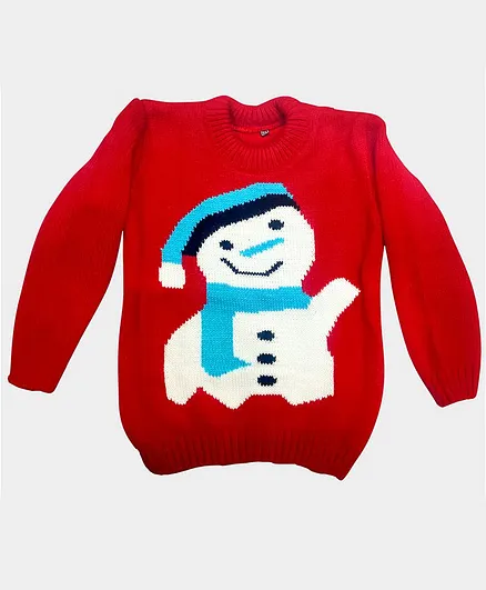 Chipbeys Hand Knitted Full Sleeves Snow Man Design Sweater - Red
