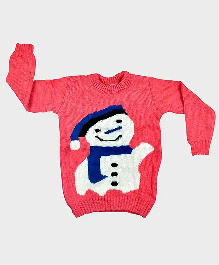 Chipbeys Hand Knitted Full Sleeves Snow Man Design Sweater - Peach