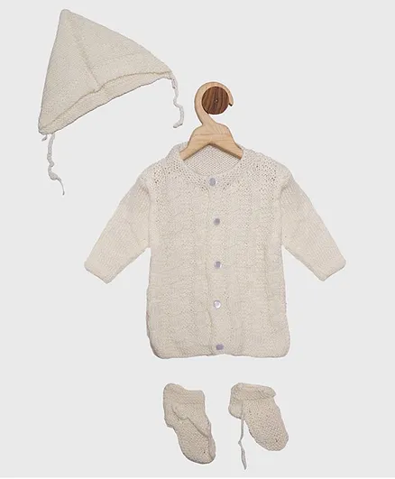 Chipbeys Full Sleeves Hand Knitted Solid Sweater With Cap & Booties - Off White