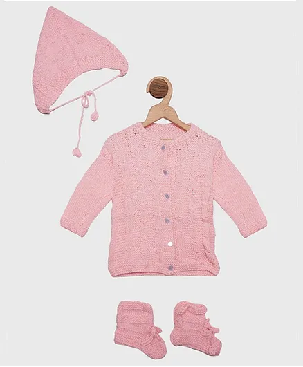 Chipbeys Full Sleeves Solid Hand Knitted Sweater With Cap & Booties - Peach