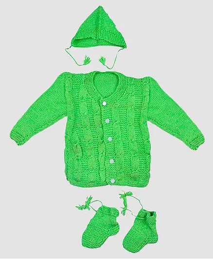 Chipbeys Full Sleeves Solid Hand Knitted Sweater With Cap & Booties - Green