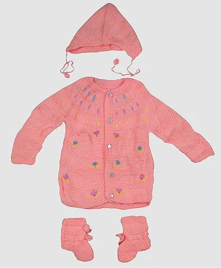 Chipbeys Hand Knitted Full Sleeves Flower Design Sweater With Cap & Booties - Pink