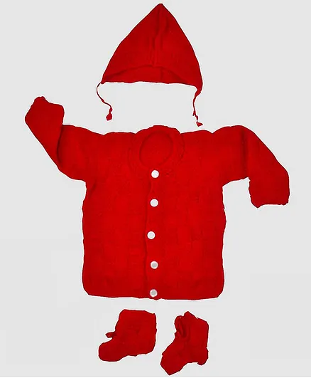 Chipbeys Hand Knitted Full Sleeves Sweater With Cap & Booties - Red