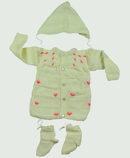 Chipbeys Hand Knitted Full Sleeves Cherry Design Sweater With Cap & Booties - Off White