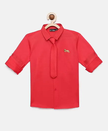 Actuel Full Sleeves Solid Colour Shirt With Attached Tie - Red