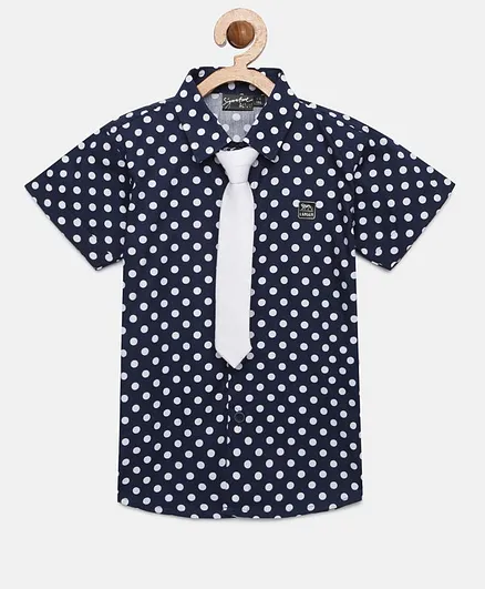 Actuel Half Sleeves Polka Dot Printed Shirt With Tie - Blue