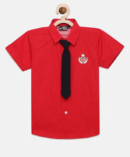 Actuel Half Sleeves Polka Dot Printed Shirt With Tie - Red