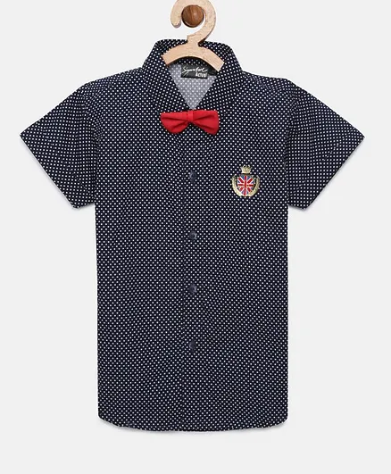 Actuel Half Sleeves Polka Dot Printed Shirt With Bow Tie - Navy Blue