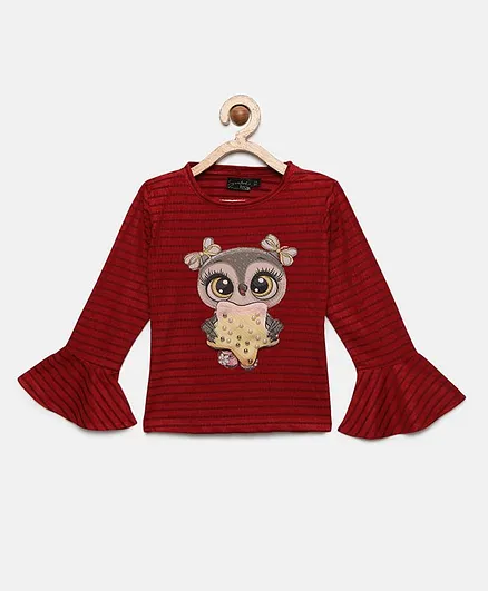 Actuel Full Sleeves Striped & Owl Patch Top - Maroon