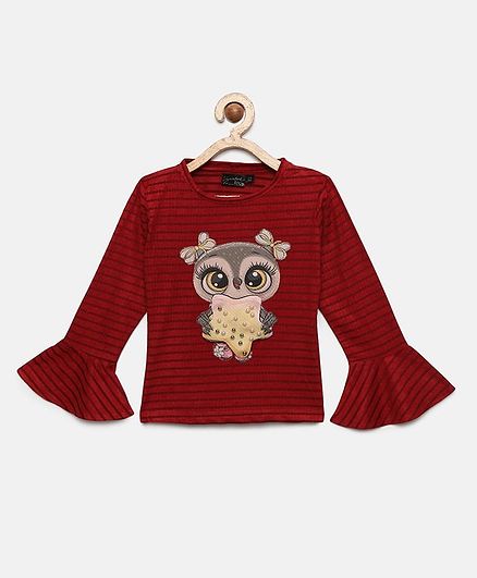Actuel Full Sleeves Striped & Owl Patch Top - Maroon