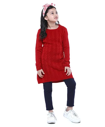 Pine Kids Full Sleeves Woolen Frock - Red