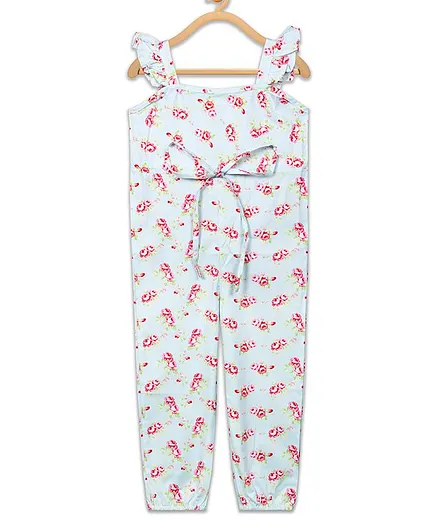 Olele Sleeveless Flower Printed Ruffle Jumpsuit - Light Blue