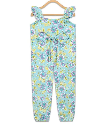 Olele Sleeveless Rose Print Ruffle Jumpsuit - Light Green