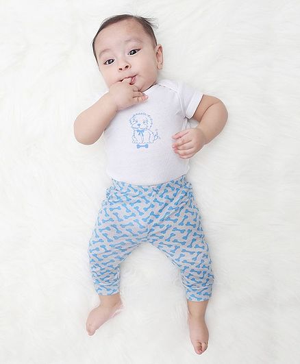 Kaarpas Short Sleeves Organic Cotton Pack Of 2 Dog Print Onesie With Pant Set - White & Grey