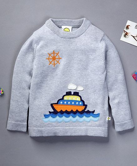 Pranava Full Sleeves Ship Patch Sweater - Grey