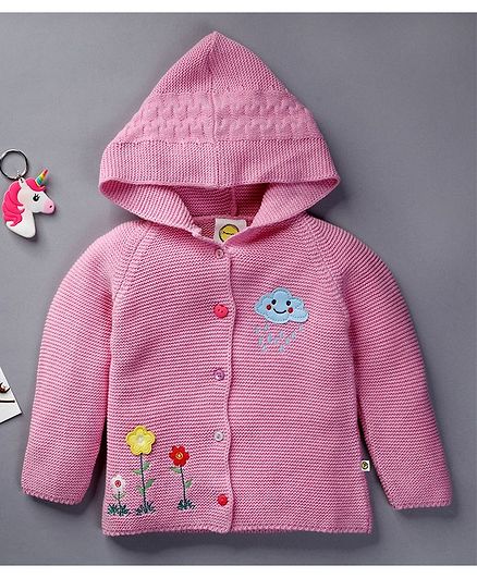 Pranava Full Sleeves Hooded Flower Embroidered Sweater - Light Pink