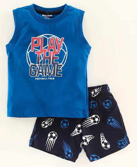 Cucumber Sleeveless Tee and Shorts Set Football Print - Blue
