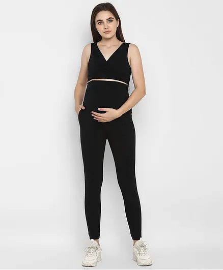 Wobbly Walk Solid Colour Over Belly Full Length Maternity Leggings - Black
