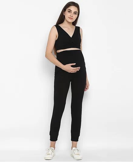 Wobbly Walk Solid Colour Over Belly Full Length Maternity Joggers - Black