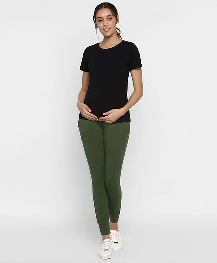Wobbly Walk Solid Colour Over Belly Full Length Maternity Joggers - Green