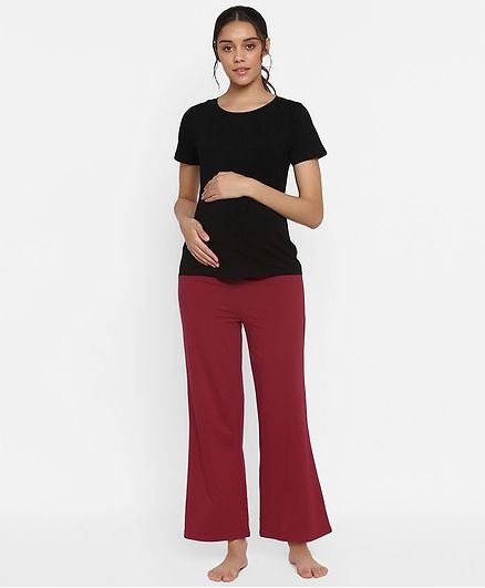 Wobbly Walk Solid Half Sleeves Maternity Nursing Tee & Pajama Set - Black & Maroon