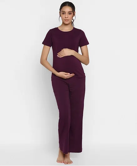 Wobbly Walk Half Sleeves Solid Colour Maternity Night Suit - Purple