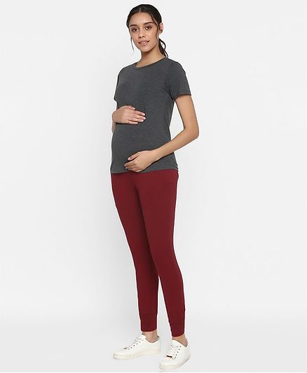 Wobbly Walk Half Sleeves Solid Nursing Tee With Joggers - Maroon
