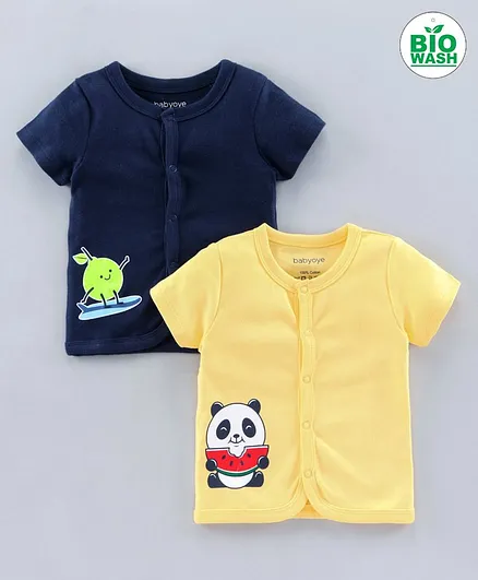 Babyoye Biowash Half Sleeves Cotton Blend Jhabla Panda Print Pack of 2 - Blue Yellow