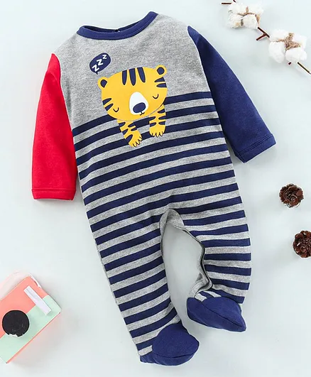 Babyhug Full Sleeves Footed Sleep Suit Striped Print - Blue