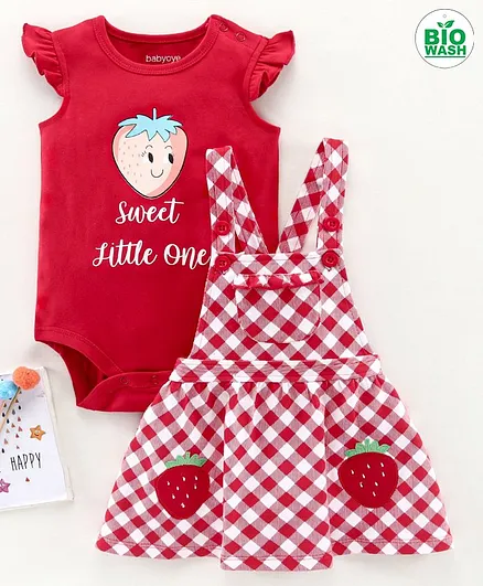 Babyoye Cotton Check Dungaree Style Frock With Cap Sleeves Onesie Strawberry Embroidery - Red White