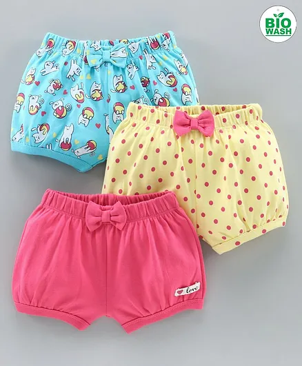 Babyoye Cotton Shorts Multiprint Pack of 3 - Blue Yellow Pink
