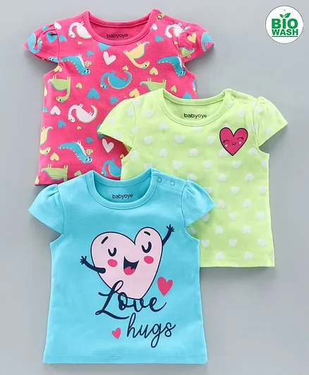Babyoye Cotton Cap Sleeves Tees Multiprint Pack of 3 -Pink Blue Light Green