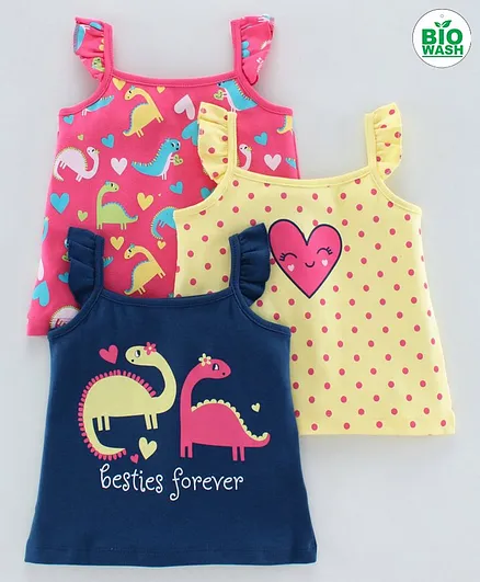 Babyoye Cotton Flutter Sleeves Printed Tops Pack of 3 - Pink Yellow Navy Blue